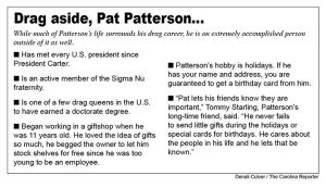 Graphic with details about Pat Patterson's life outside of drag.