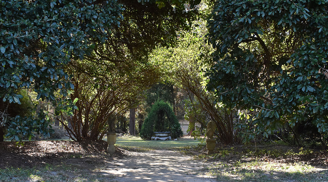 A magical-seeming archway leads to a small fountain at Pearl Fryar's topiary garden