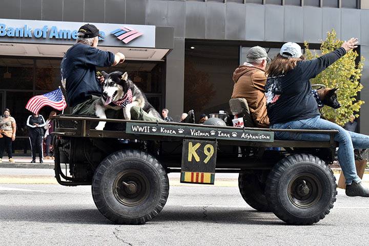 A K9 army vehicle with people and dogs aboard