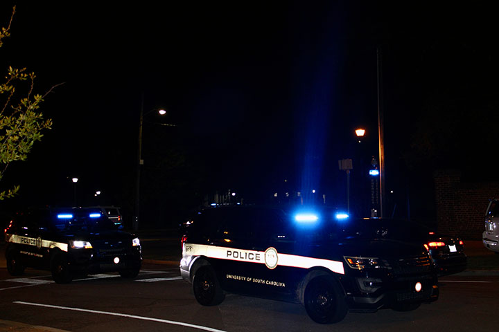 Police cars lined up on the street at night.