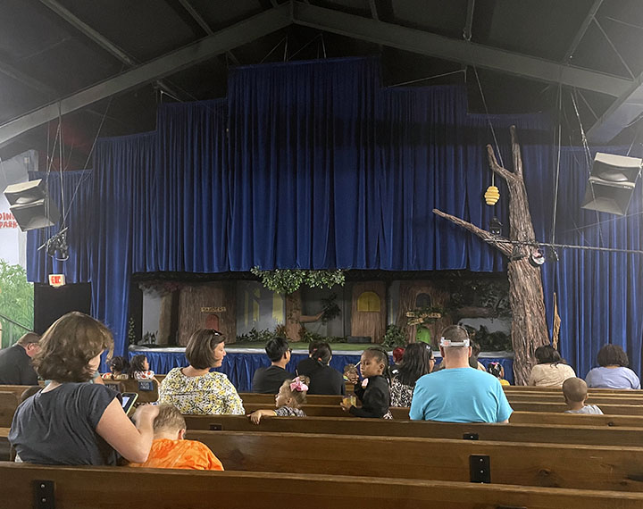 A photo of the stage in the Columbia Marionette Theatre.
