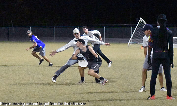 Photo of players running to get free for a frisbee thrower