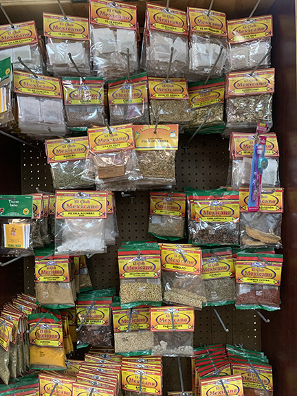 A variety of spices in the Latino grocery store