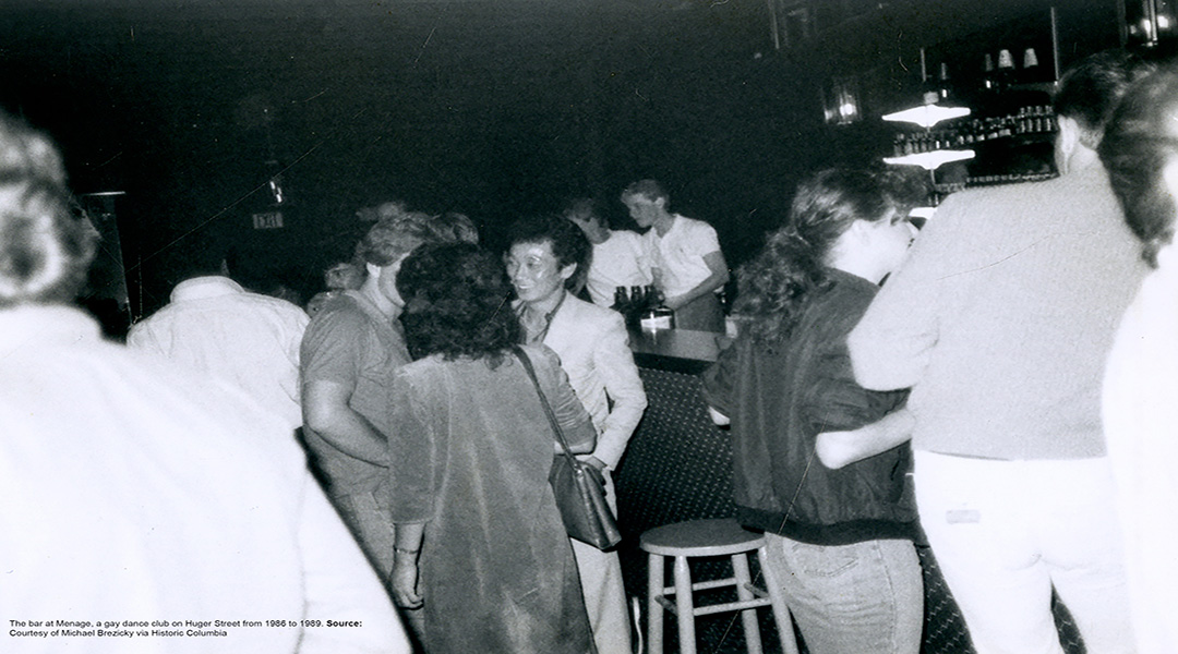 The crowded bar at Menage, a gay dance club in Columbia in the late 1980s