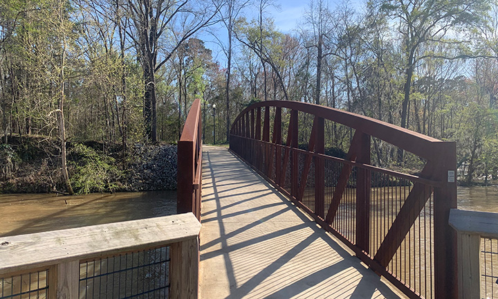 A photo of a bridge connecting the Saluda Riverwalk to Boyd Island Sanctuary