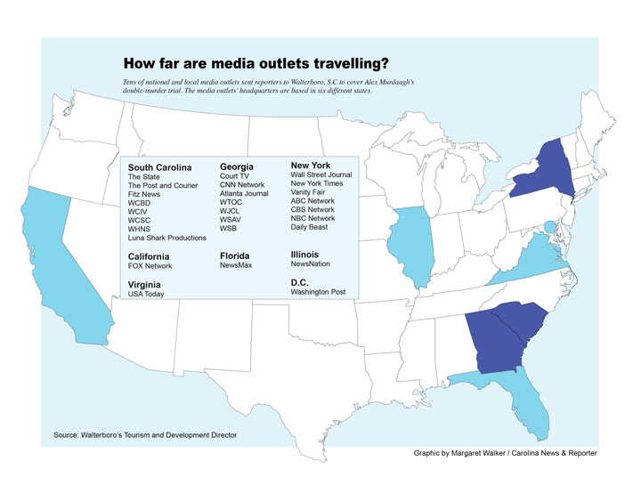 Graphic showing where media outlets travelled from to cover the Murdaugh trial.